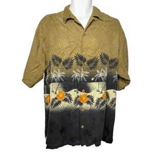 Tommy Bahama Shirt Men's Medium Brown Silk Palm Tree Floral Beach Casual Relaxed